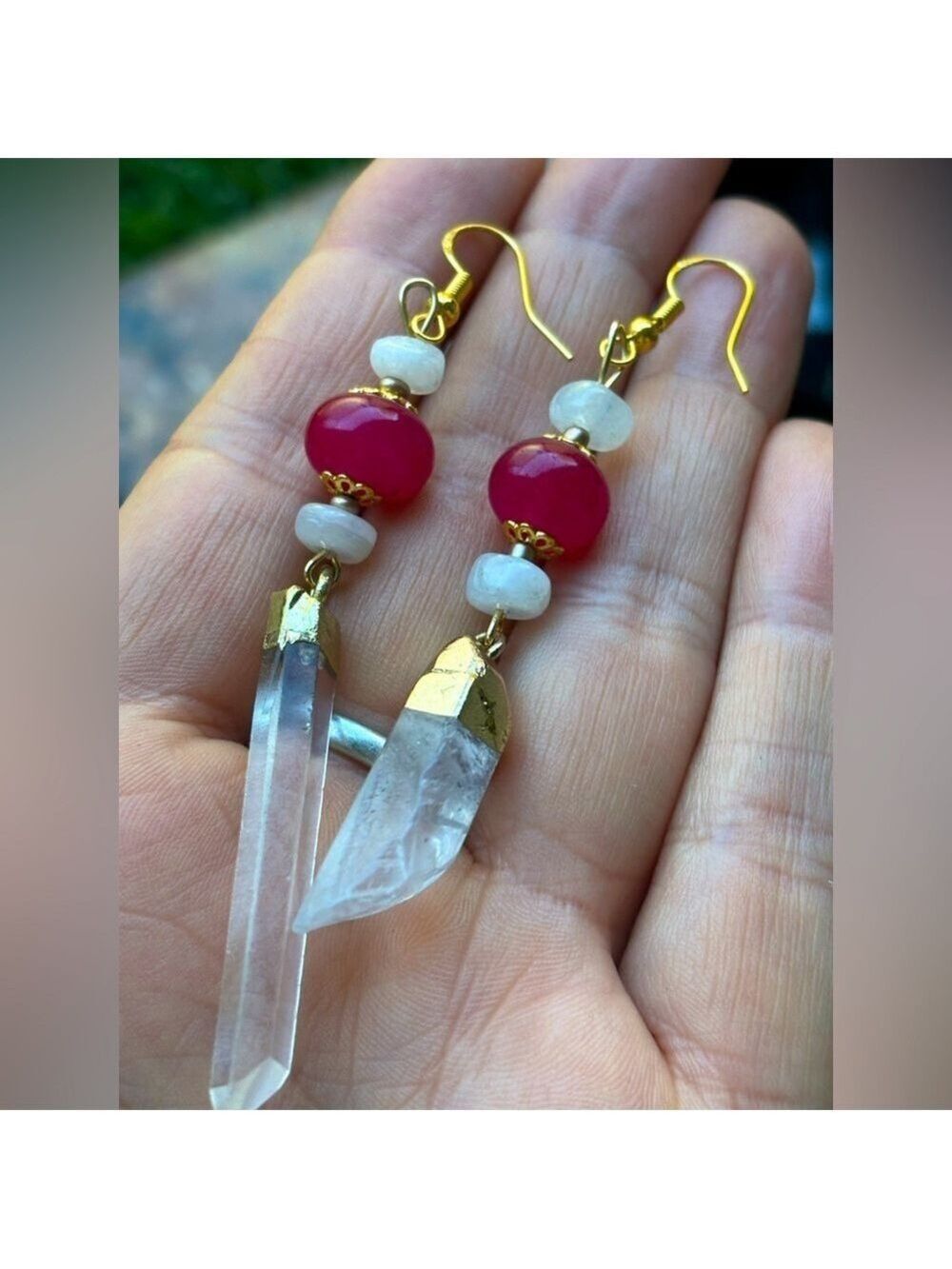 ARTISAN Hand Crafted Rainbow Moonstone Ruby & Crystal Quartz Earrings 925 Hooks